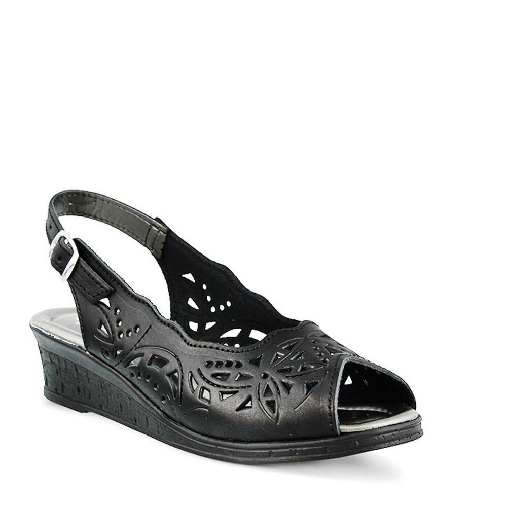 Spring Step Black Leather Cutout Slingback Wedge Sandals Women Size 37 US 6.5-7